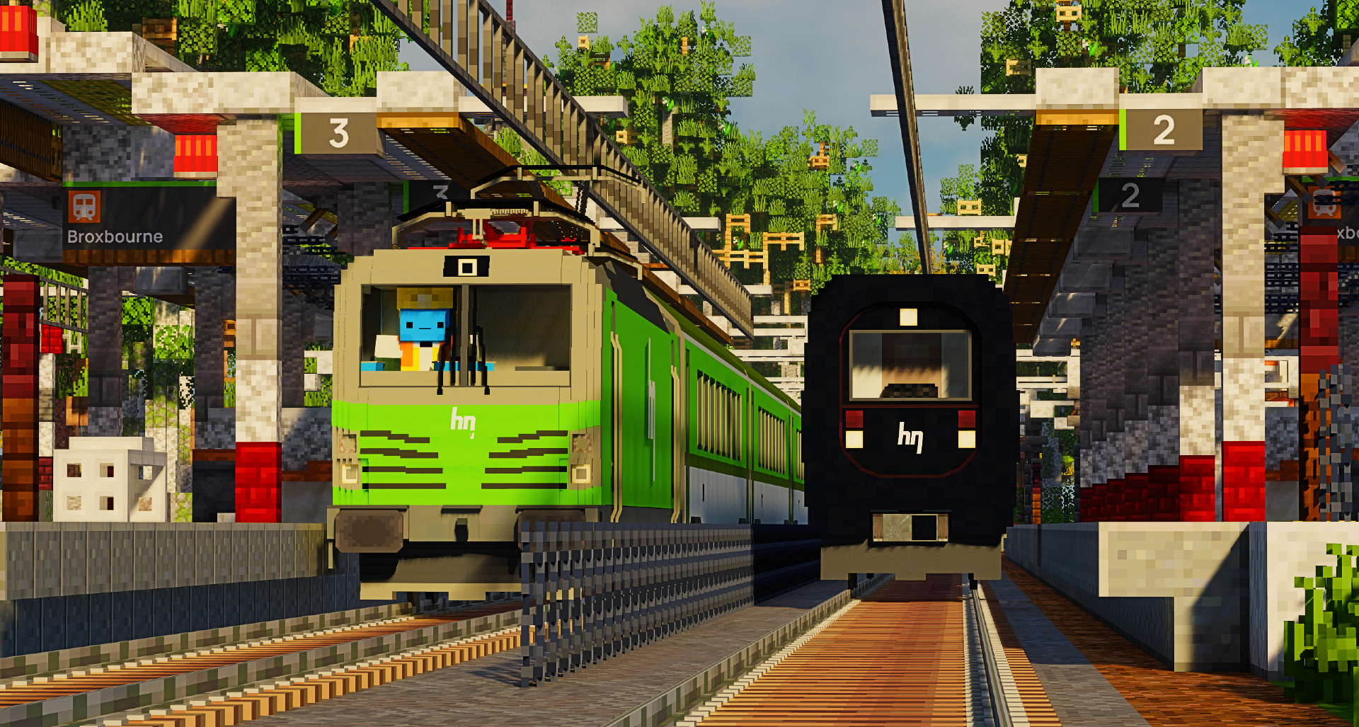 A Harlonian National Intercity locomotive consist and an IR4 train sit at platforms 3 and 2 of Broxbourne station respectively.