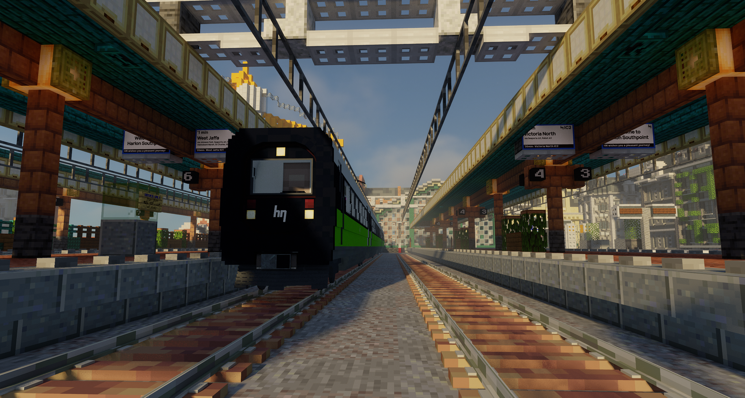 An image of the terminating platforms at Harlon Southpoint, looking towards the buffers at the front of the platforms.