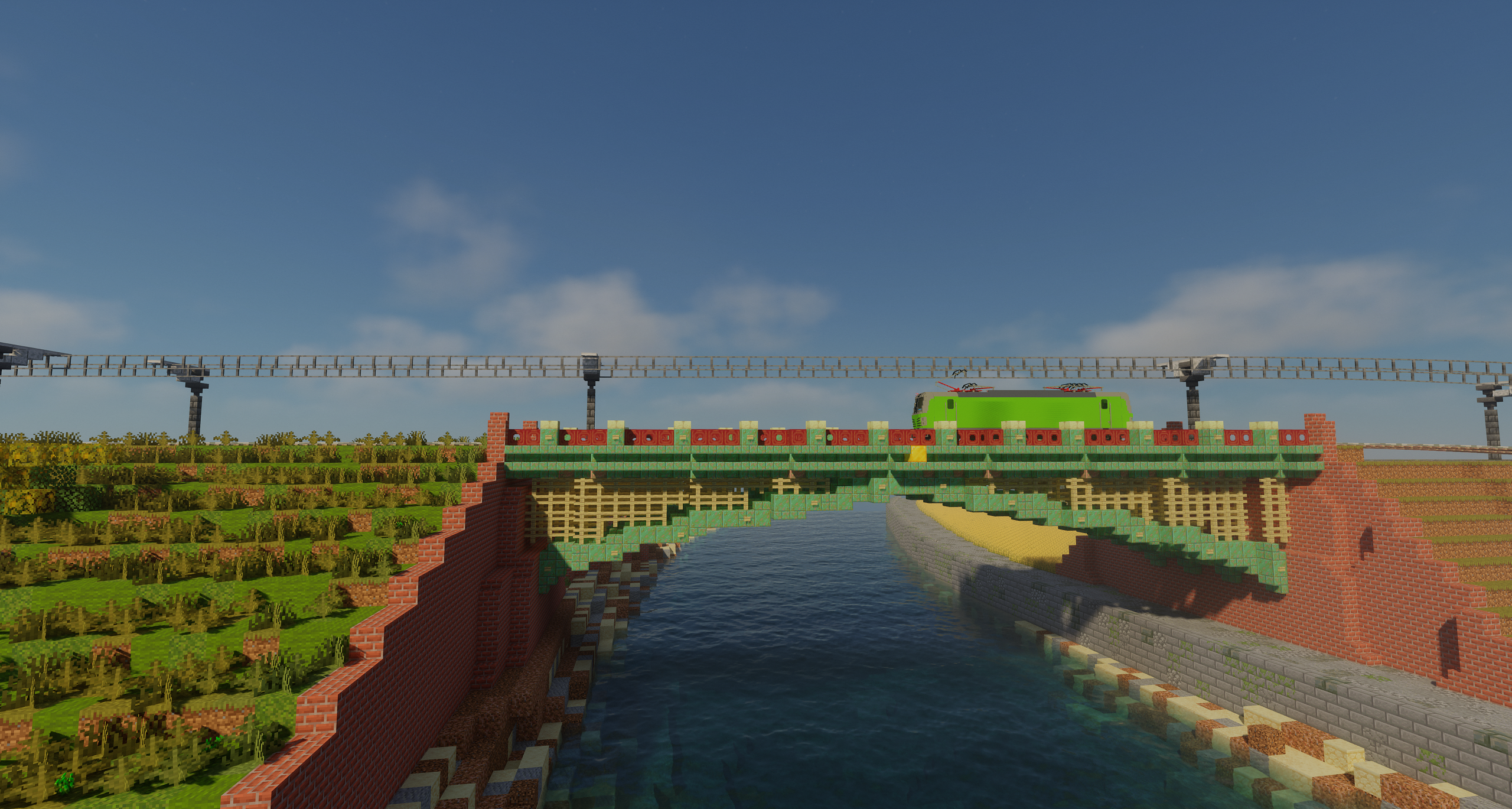 Image of a Harlonian National IR4 locomotive on a bridge along the East Coast Mainline (ECML).