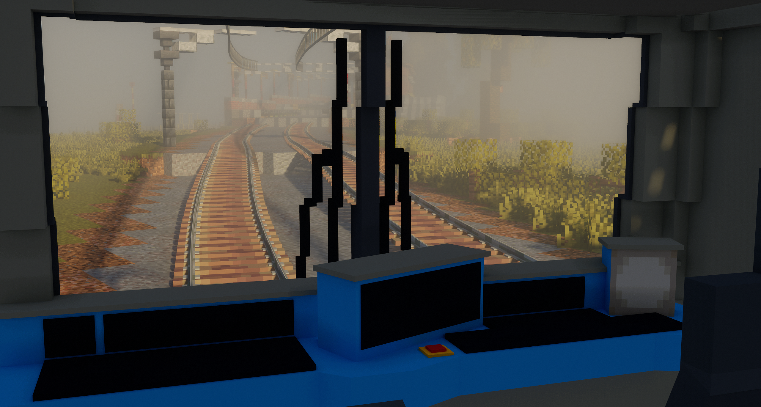 An image of the interior of the cab of a Harlonian National IR4 locomotive passing through wheat fields along the ECML.
