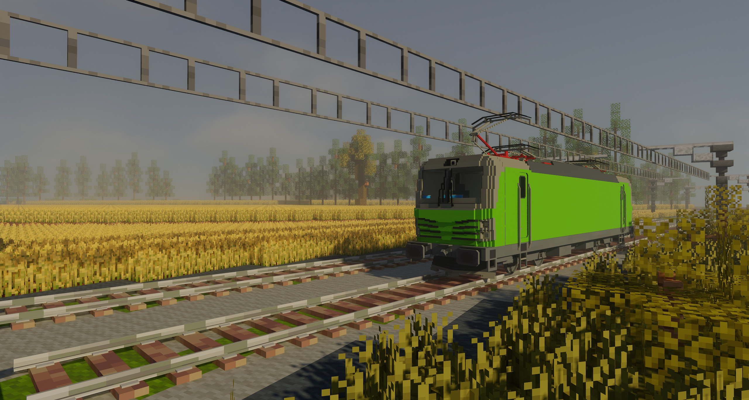 An image of a Harlonian National IR4 locomotive passing through wheat fields along the ECML.