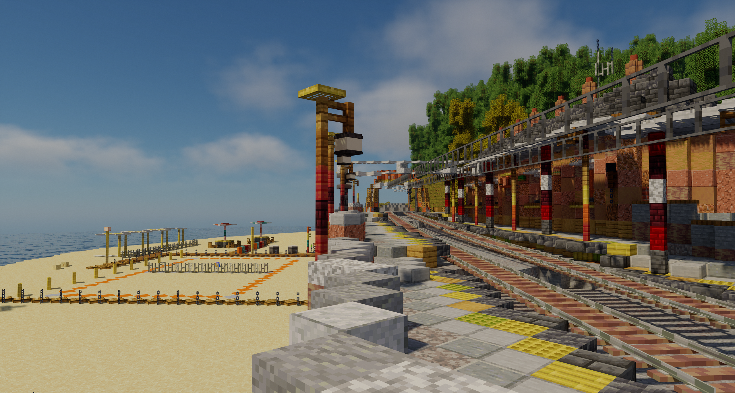 An image of Victoria Observatory Station, looking along its platforms. The Southern Harlon coastline can be seen on the left of the image, as can the adjacent beach, volleyball court and covered seating.